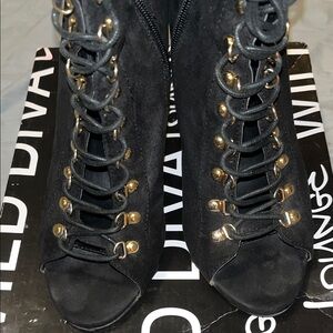 Wild Diva Black and Gold Lace-Up Boots
